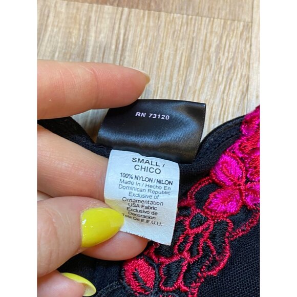 90s/Y2K Fredricks of Hollywood Black Sheer Babydoll Lingerie With Bright Pink Fl - Picture 7 of 9